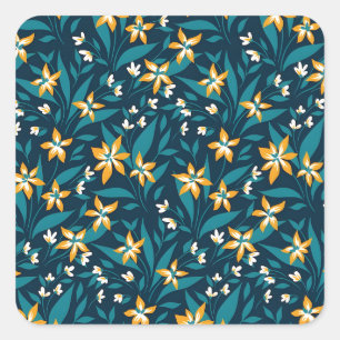 Adesivo Quadrado Padrão de Flor Amarela Elegante em Folhas Verdes E