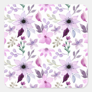 Adesivo Quadrado Padrão de Flor Rosa e Roxa Elegante