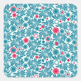 Adesivo Quadrado Padrão de Folhagem Azul-turquesa e Magenta Elegant