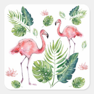 Adesivo Quadrado      Padrão de Folhas Tropicais de Flamingo Rosa 
