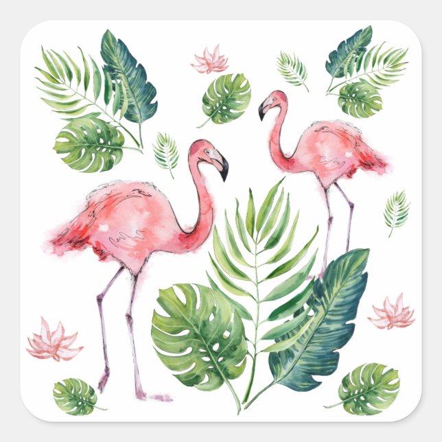 Adesivo Quadrado      Padrão de Folhas Tropicais de Flamingo Rosa E (Frente)