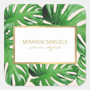 Adesivo Quadrado Padrão de Folhas Tropicais de Monstera em Aquarela