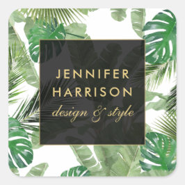 Adesivo Quadrado Padrão de Folhas Tropicais em Aquarela sobre Branc
