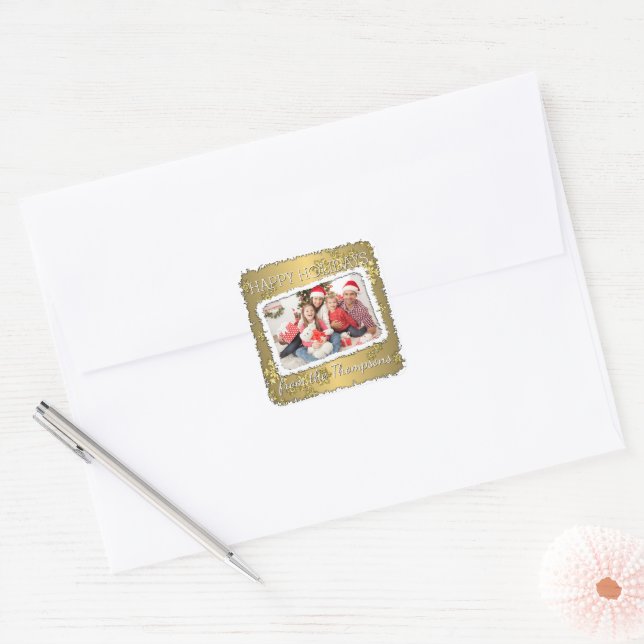 Adesivo Quadrado Padrão de Foto Personalizada em Faux Dourado Snowf (Envelope)