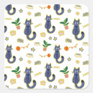 Adesivo Quadrado Padrão de Gatos de Cuta de Aquarela