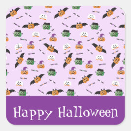 Adesivo Quadrado Padrão De Halloween Obrigado Pumpkins Purple