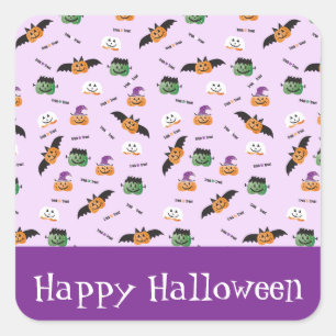 Adesivo Quadrado Padrão De Halloween Obrigado Pumpkins Purple