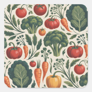 Adesivo Quadrado Padrão de Jardim de Vegetais Botânicos Vintage