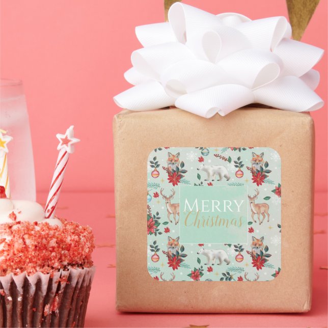 Adesivo Quadrado Padrão de Natal dos Animais Florestais de inverno (Festa)