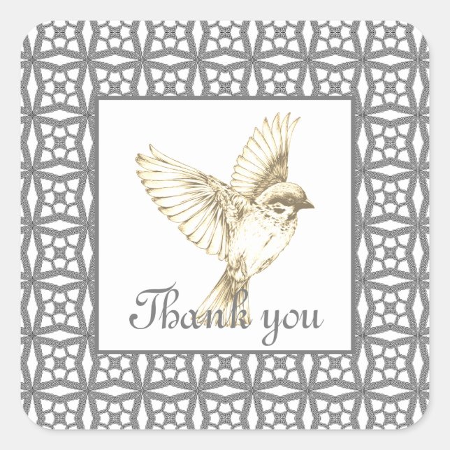 Adesivo Quadrado Padrão de renda de cinza elegante com pássaro (Frente)