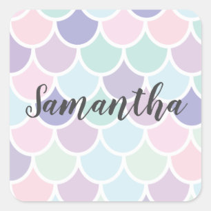 Adesivo Quadrado Padrão De Sereia Adorável E Pastel Moderno Com Nom