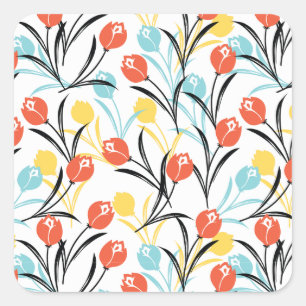Adesivo Quadrado Padrão de Tulipas Vibrante Design Floral em Branco
