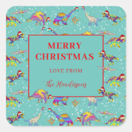 Adesivo Quadrado Padrão do Dinossauro de Natal adicionar Nome da Fa
