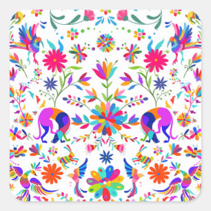 Adesivo Quadrado Padrão estilo Otomi de Weims, Coelhos e Pássaros 
