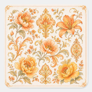 Adesivo Quadrado Padrão Floral Barroco Vintage – Laranja Quente /Do