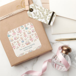 Adesivo Quadrado Padrão Floral de Coelhinho de Páscoa Fofo - Primav