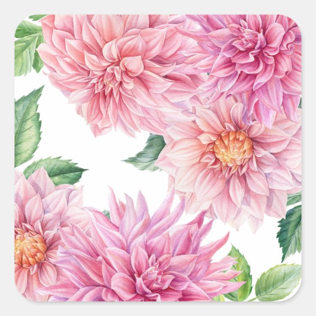 Adesivo Quadrado Padrão Floral de Dália em Aquarela Rosa Corado (Frente)