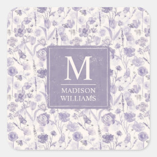 Adesivo Quadrado Padrão Floral de Flores de Aguarela Roxo Lavanda