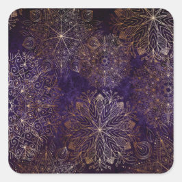 Adesivo Quadrado Padrão Floral de Mandala Elegante Dourado e Roxo