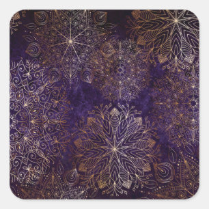 Adesivo Quadrado Padrão Floral de Mandala Elegante Dourado e Roxo