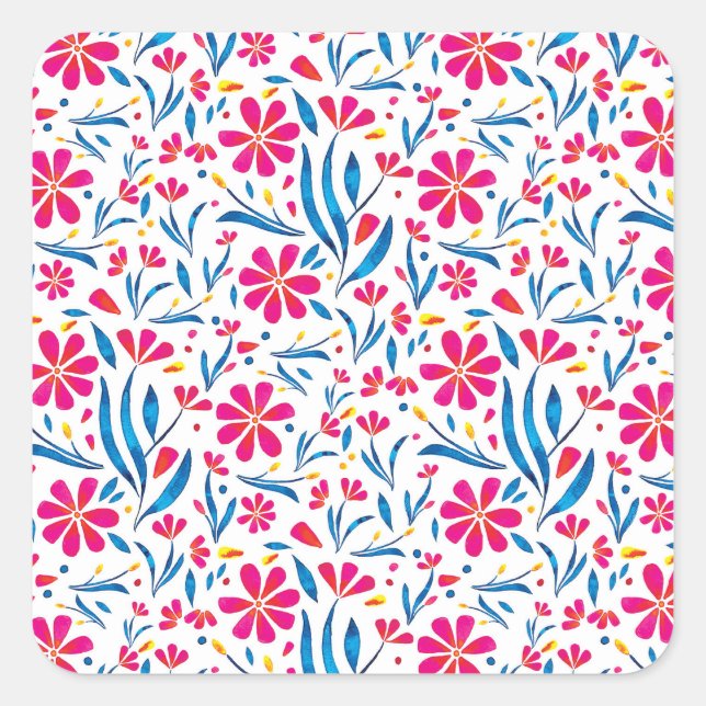 Adesivo Quadrado Padrão Floral de Uplifting por Aquarela (Frente)