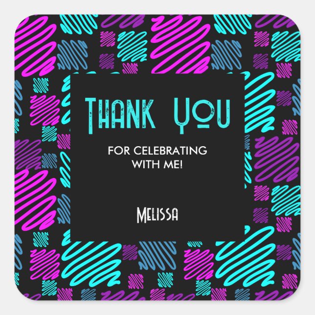 Adesivo Quadrado Padrão Geométrico Neon Brilhante Moderno Obrigado (Frente)