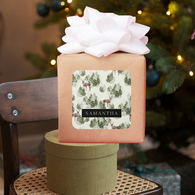 Adesivo Quadrado Padrão Invisível da Floresta de Inverno da Aquarel (Criador carregado)