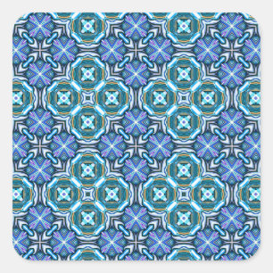 Adesivo Quadrado Padrão Kaleidoscópico Vibrante em Azuis