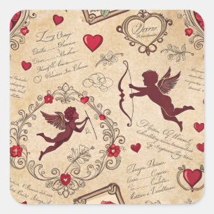 Adesivo Quadrado Padrão Romântico de Cupido Vintage (2)