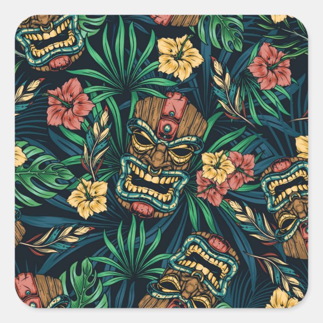 Adesivo Quadrado Padrão Tropical de Máscara de Tiki Havaiano (Frente)
