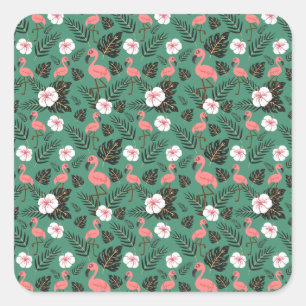 Adesivo Quadrado Padrão uniforme Flamingo rosa sobre fundo verde