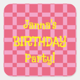 Adesivo Quadrado Padrão Verificado Pink de Festa de aniversário Per