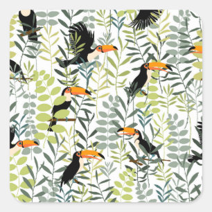 Adesivo Quadrado Padrão Vintage Toucans Green Leaves