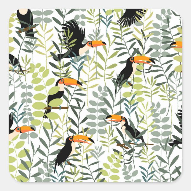 Adesivo Quadrado Padrão Vintage Toucans Green Leaves (Frente)
