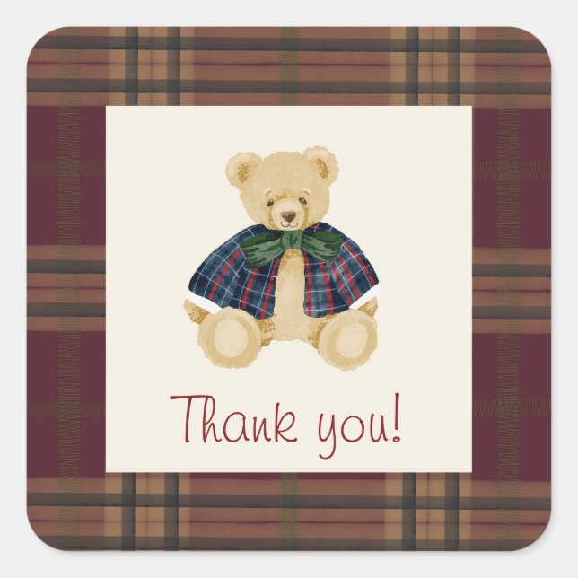 Adesivo Quadrado Padrão Xadrez de Urso de Pelúcia Antigo Obrigado (Frente)