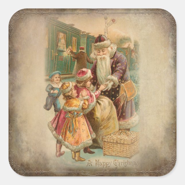 Adesivo Quadrado Pai Natal com Crianças na Estação de Trem (Frente)