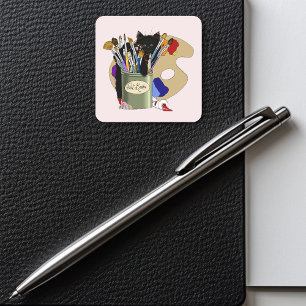 Adesivo Quadrado Paint Brushes Pallet Black Kitten Artist