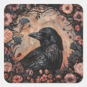 Adesivo Quadrado País floral Crow "Cottage Core". Gótico
