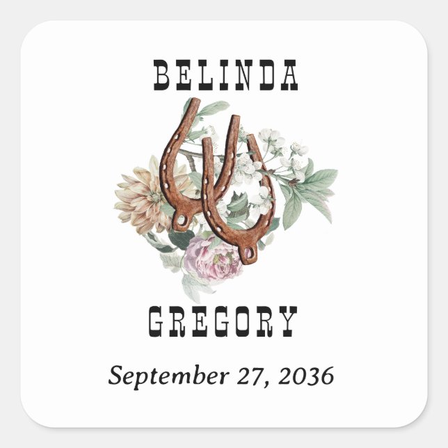 Adesivo Quadrado País Ocidental Cowboy Boho, Favor do Casamento (Frente)