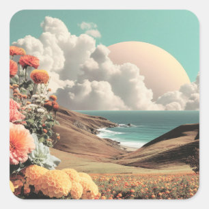 Adesivo Quadrado Paisagem Costeira Surrealista com Flores e Nuvens