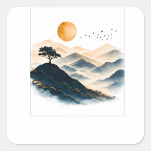 Adesivo Quadrado Paisagem das Montanhas do Sol Dourado  