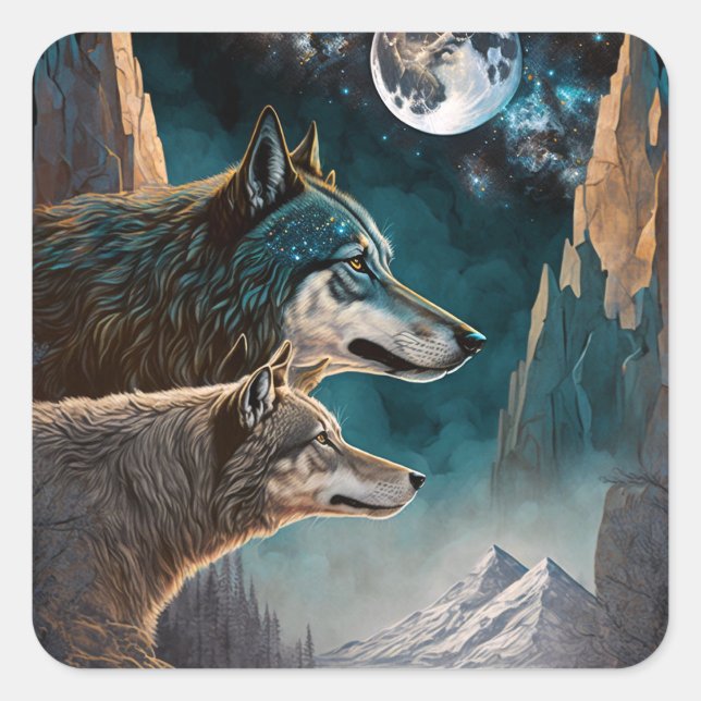 Adesivo Quadrado Paisagem de Fantasia de Lobos Cheios de Lua (Frente)