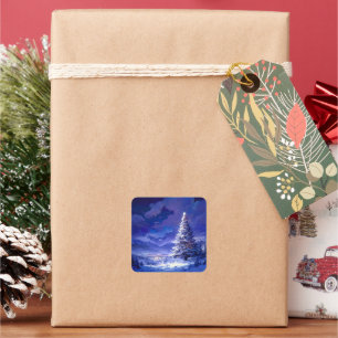 Adesivo Quadrado Paisagem de montanha nevada com árvore de Natal br