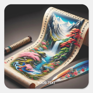 Adesivo Quadrado Paisagem de Pergaminho Japonês Fantasy Cute