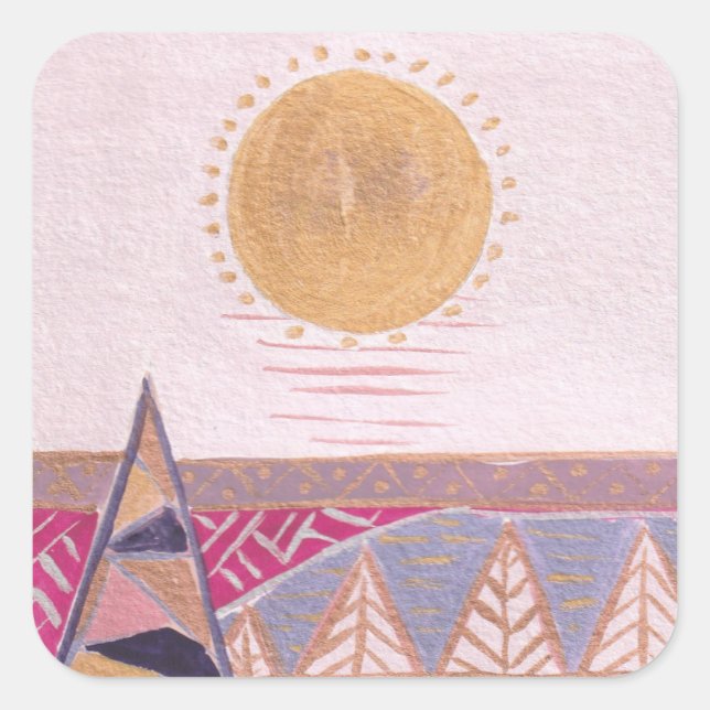 Adesivo Quadrado Paisagem de verão rosa, folheto, aquarela (Frente)