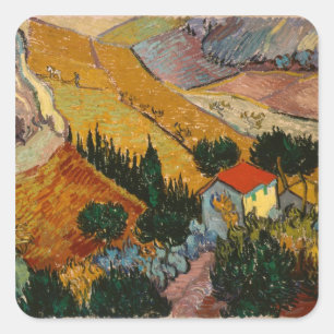 Adesivo Quadrado Paisagem de Vincent van Gogh com casa &