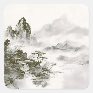 Adesivo Quadrado Paisagem Minimalista de Montanha Zen com Tinta Neb