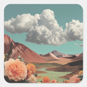 Adesivo Quadrado Paisagem Montanhosa Floral Surrealista Com Nuvens 