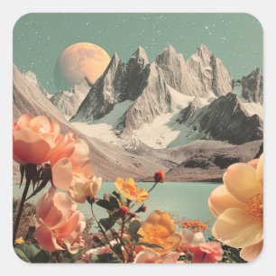 Adesivo Quadrado Paisagem Montanhosa Surrealista Com Flores Em Flor