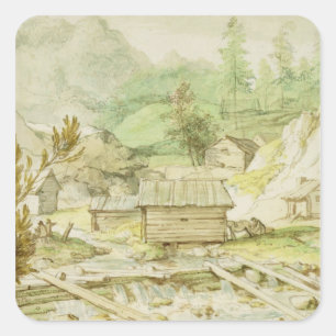 Adesivo Quadrado Paisagem nórdica com cabana e o Weir de madeira